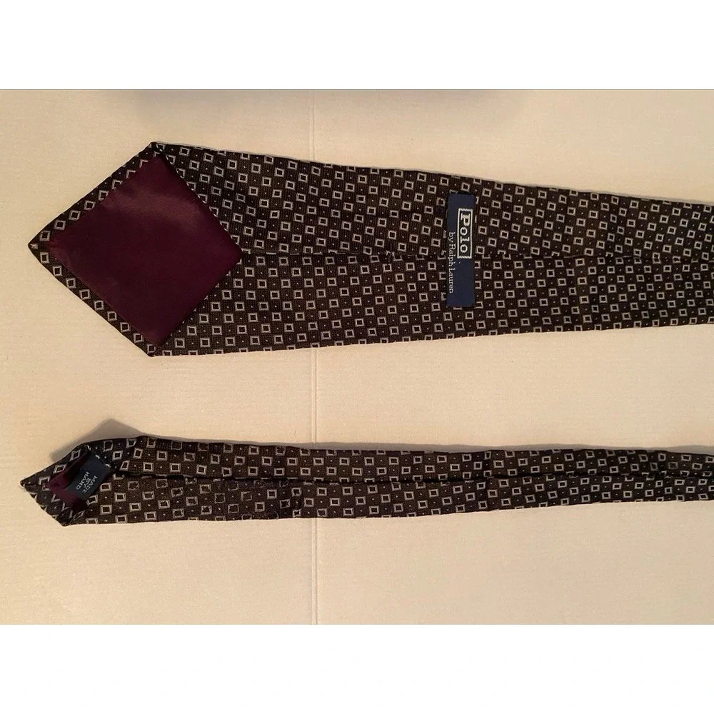 Polo Ralph Lauren Mens Silk Necktie Brown Tan Geometric Square Pattern Hand Made